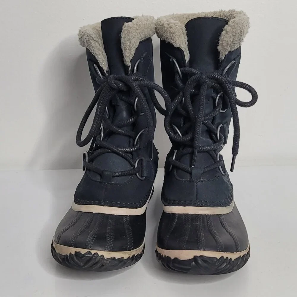 Sorel Caribou‎ Black Leather Boots Lace Up Womens 7 Faux Fur Winter NL2649-010